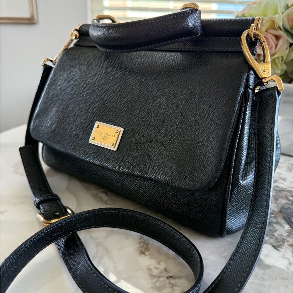 Dolce & Gabbana Miss Sicily M Size Black Leather Satchel with Gold Hardware.